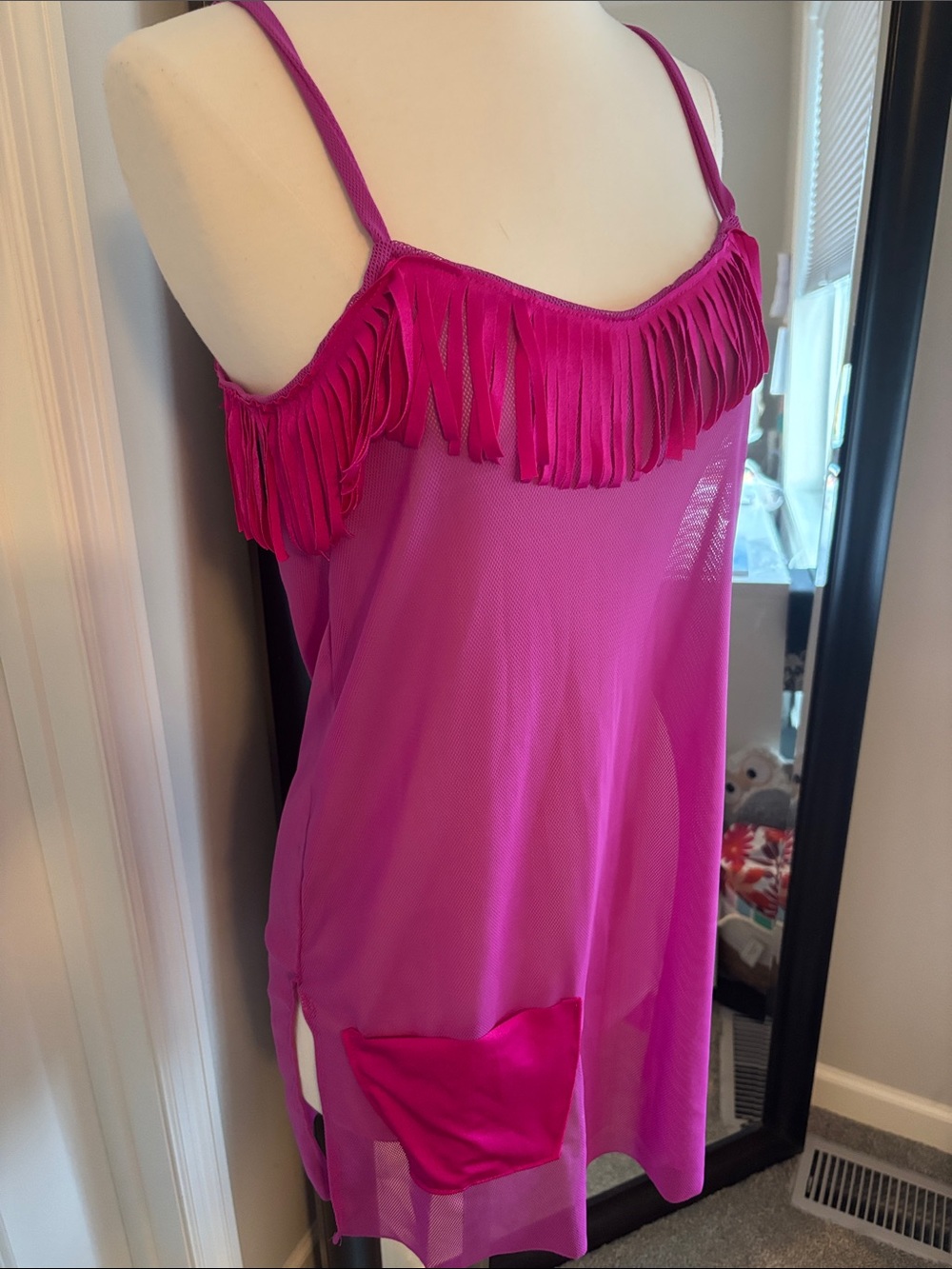 Fringed Hot Pink Sheer Slip cover up Dress